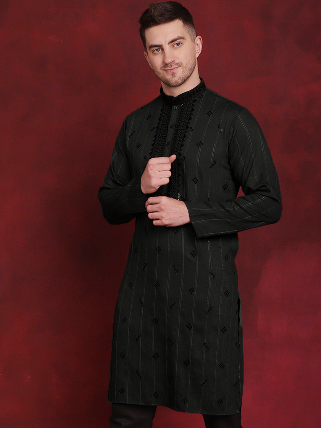 Jompers Men's Sequins Embroidered Kurta - Olive - Distacart