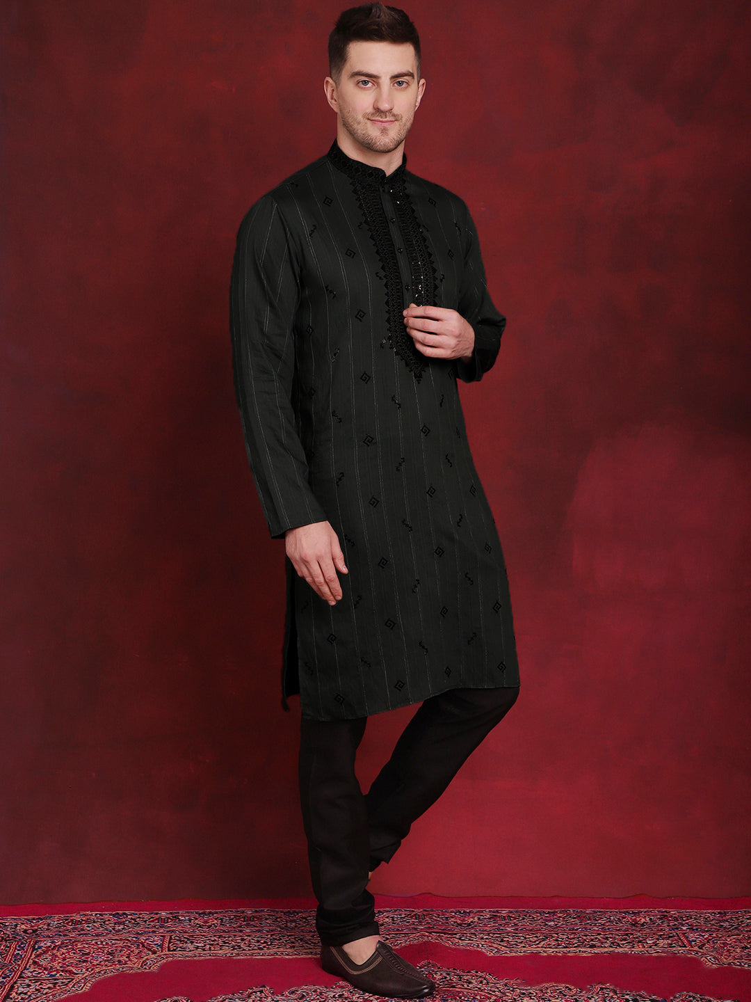 Jompers Men's Sequins Embroidered Kurta - Olive - Distacart