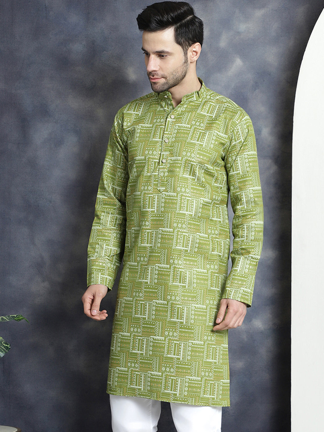 Jompers Men's Printed Kurta - Olive - Distacart
