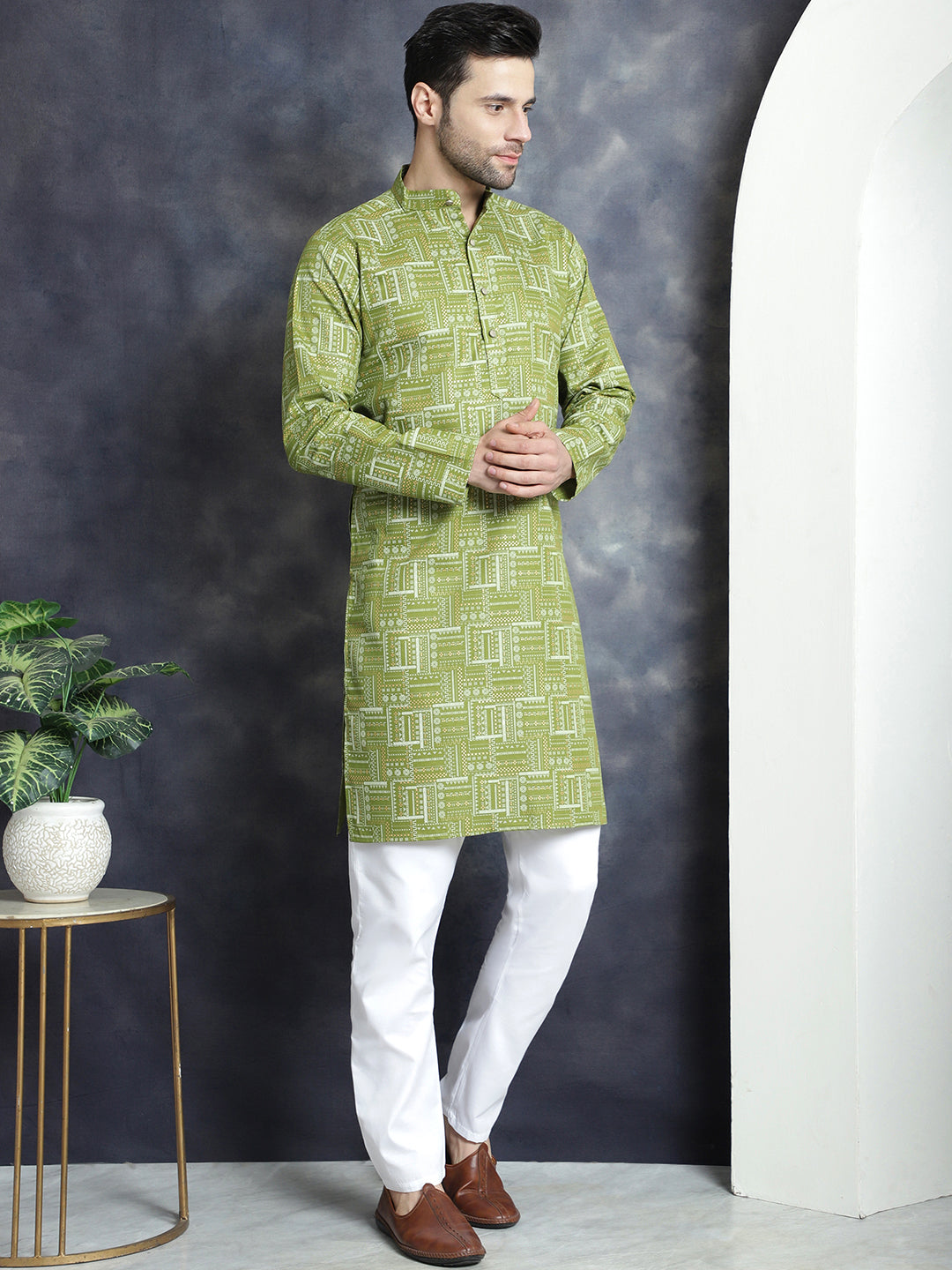 Jompers Men's Printed Kurta - Olive - Distacart