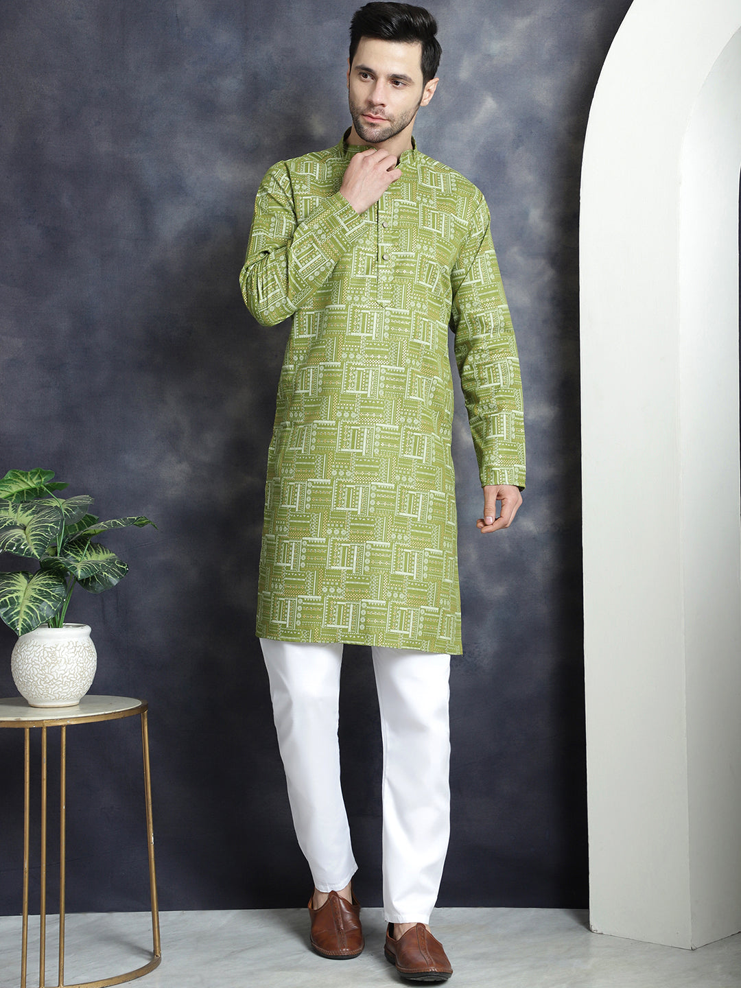 Jompers Men's Printed Kurta - Olive - Distacart
