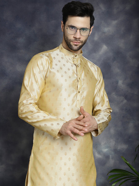 Jompers Men's Woven Design Silk Blend Kurta - Golden - Distacart