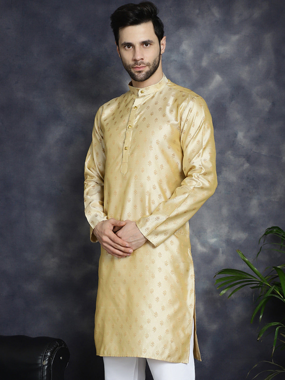 Jompers Men's Woven Design Silk Blend Kurta - Golden - Distacart
