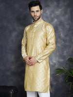 Thumbnail for Jompers Men's Woven Design Silk Blend Kurta - Golden - Distacart