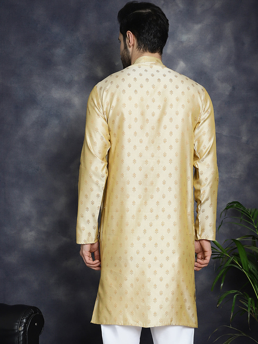 Jompers Men's Woven Design Silk Blend Kurta - Golden - Distacart