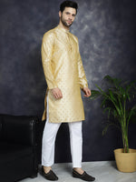 Thumbnail for Jompers Men's Woven Design Silk Blend Kurta - Golden - Distacart