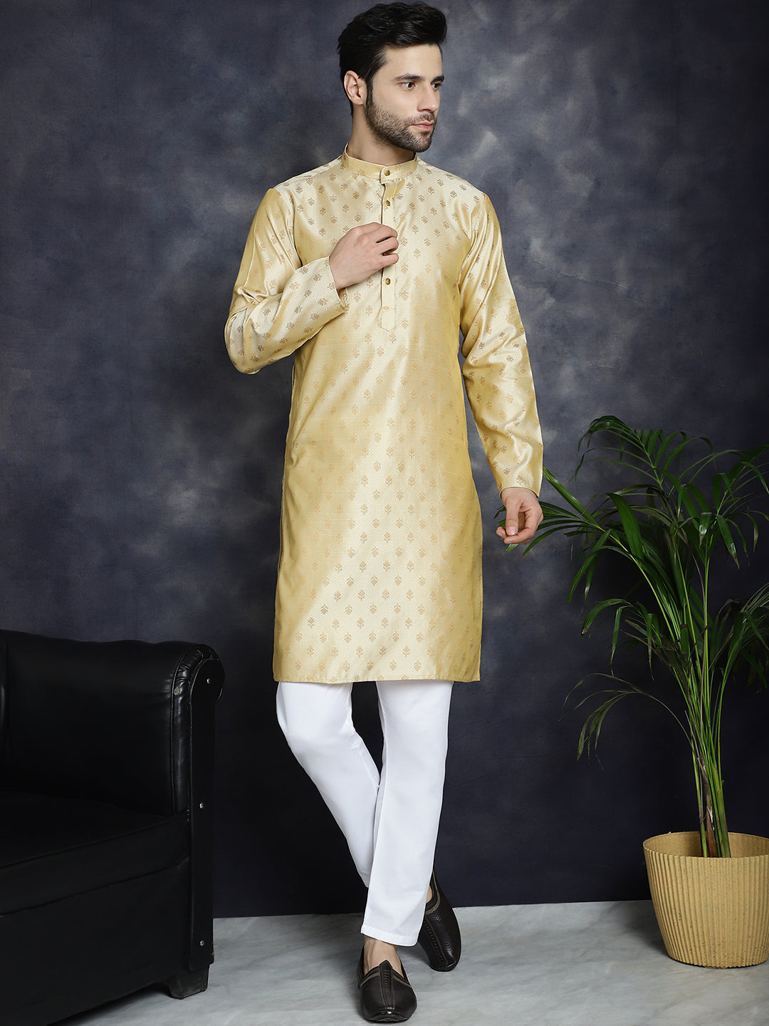 Jompers Men's Woven Design Silk Blend Kurta - Golden - Distacart