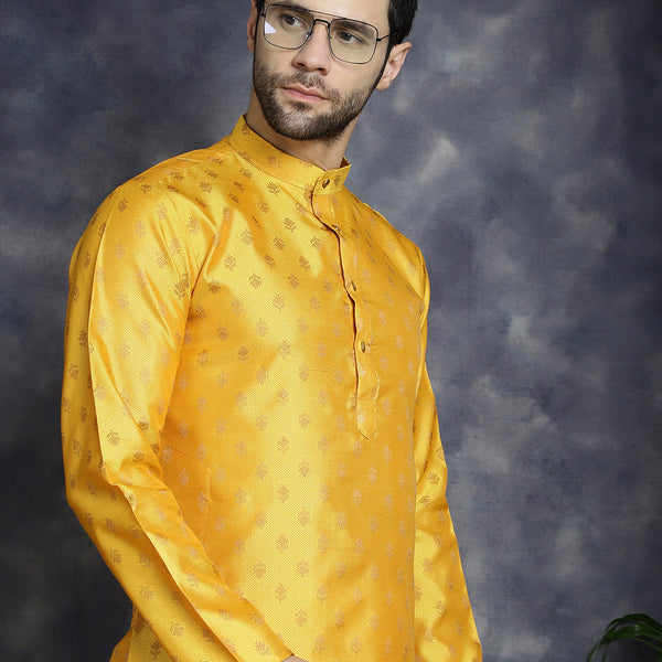Jompers Men's Woven Design Silk Blend Kurta - Mustard - Distacart