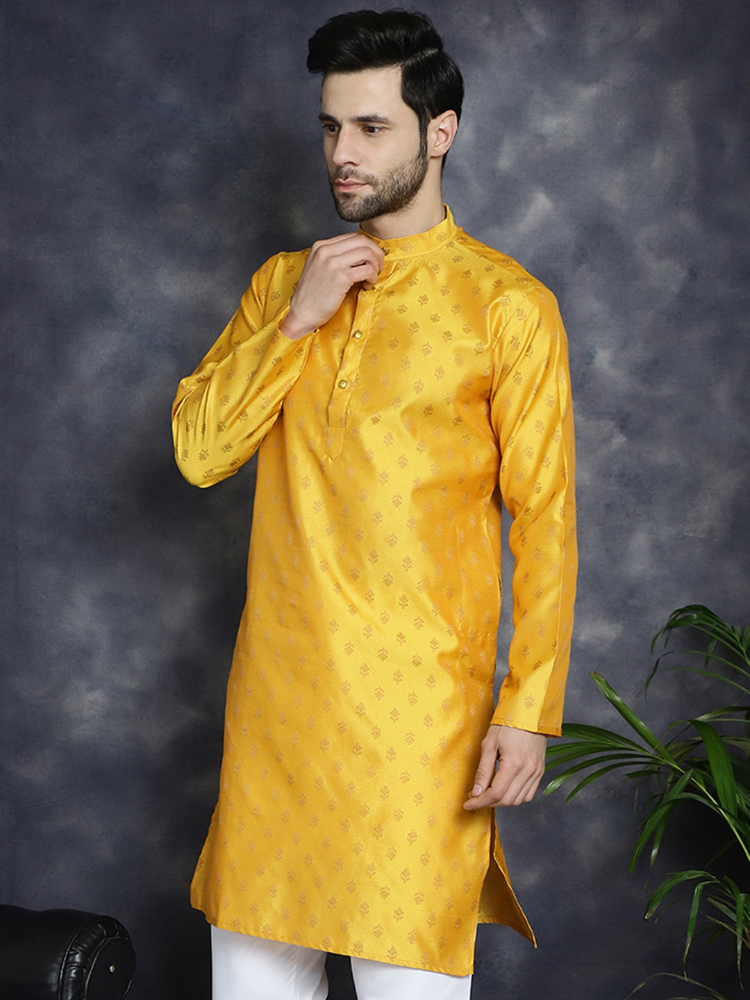 Jompers Men's Woven Design Silk Blend Kurta - Mustard - Distacart