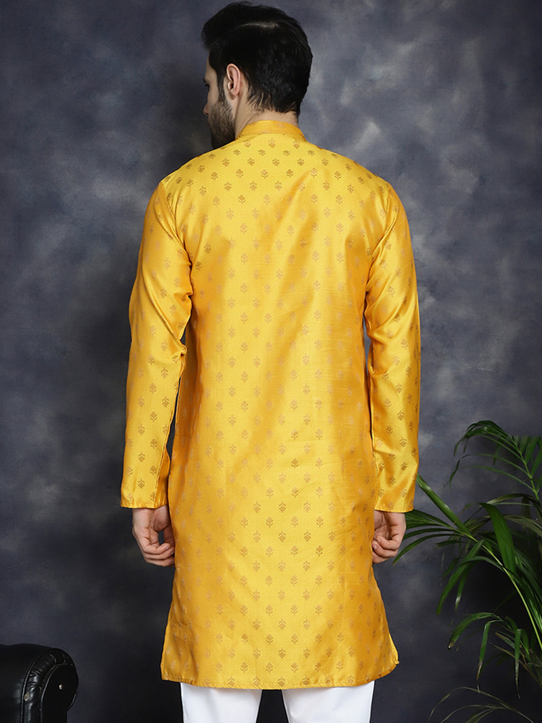 Jompers Men's Woven Design Silk Blend Kurta - Mustard - Distacart