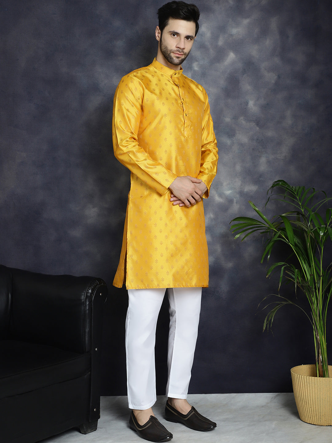 Jompers Men's Woven Design Silk Blend Kurta - Mustard - Distacart