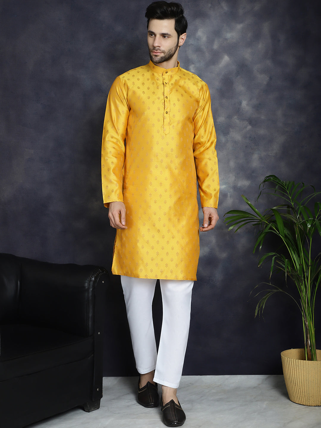 Jompers Men's Woven Design Silk Blend Kurta - Mustard - Distacart