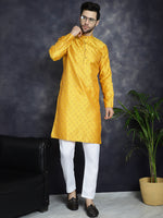 Thumbnail for Jompers Men's Woven Design Silk Blend Kurta - Mustard - Distacart