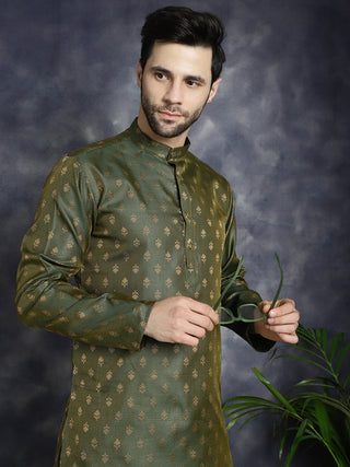 Jompers Men's Woven Design Silk Blend Kurta - Olive - Distacart