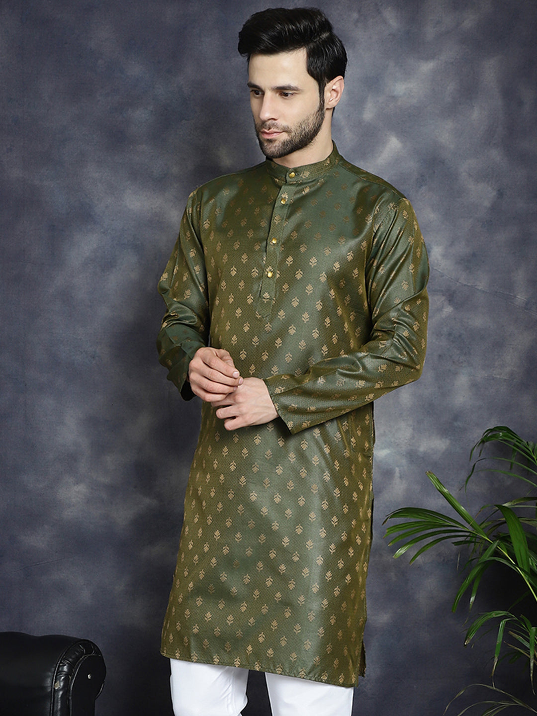Jompers Men's Woven Design Silk Blend Kurta - Olive - Distacart