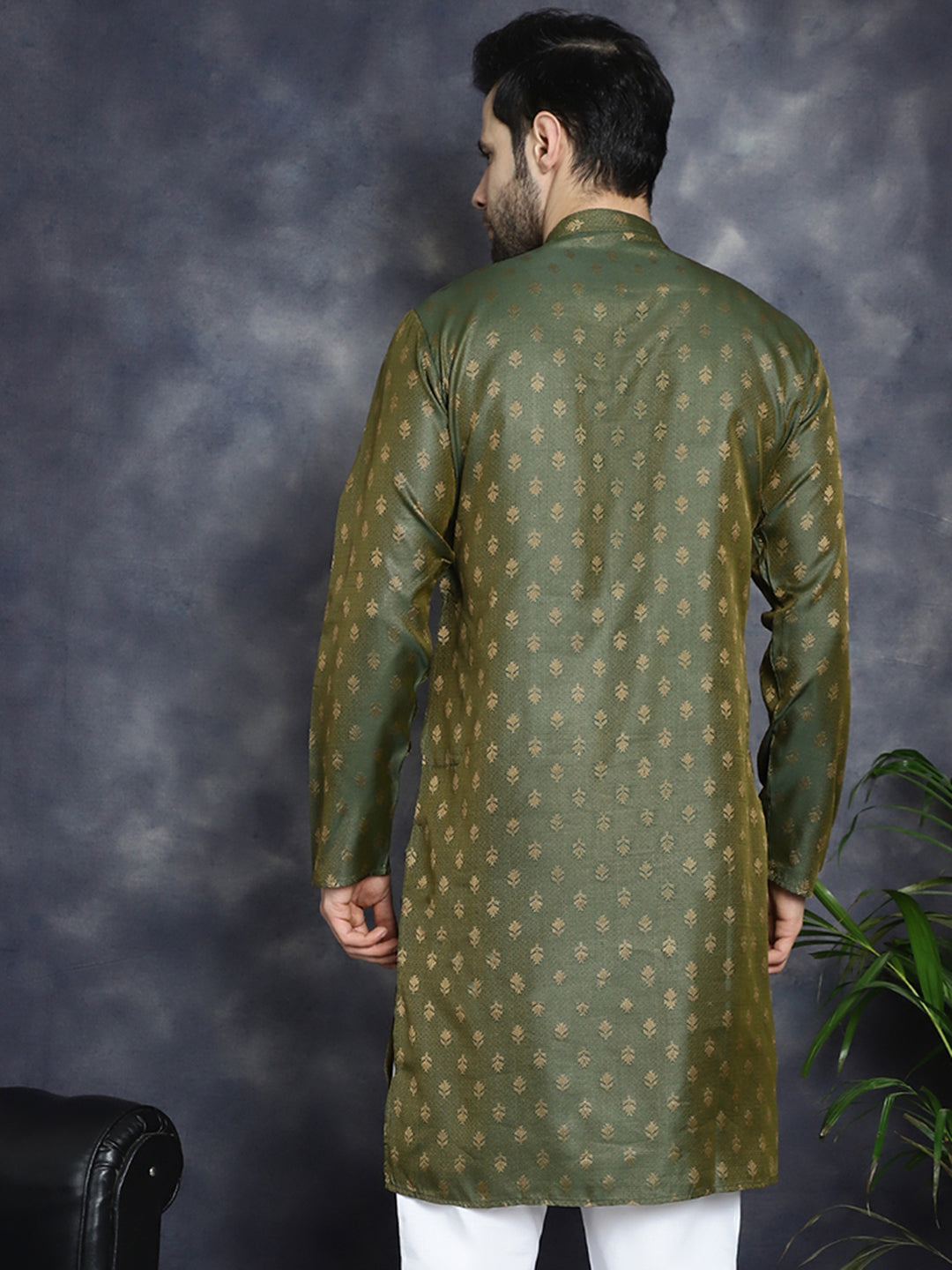 Jompers Men's Woven Design Silk Blend Kurta - Olive - Distacart