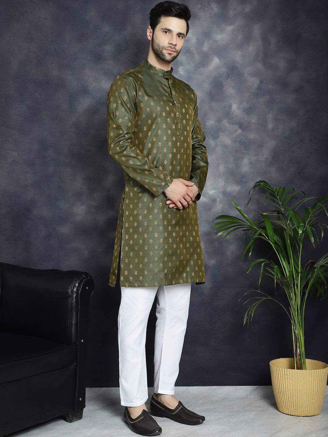 Jompers Men's Woven Design Silk Blend Kurta - Olive - Distacart