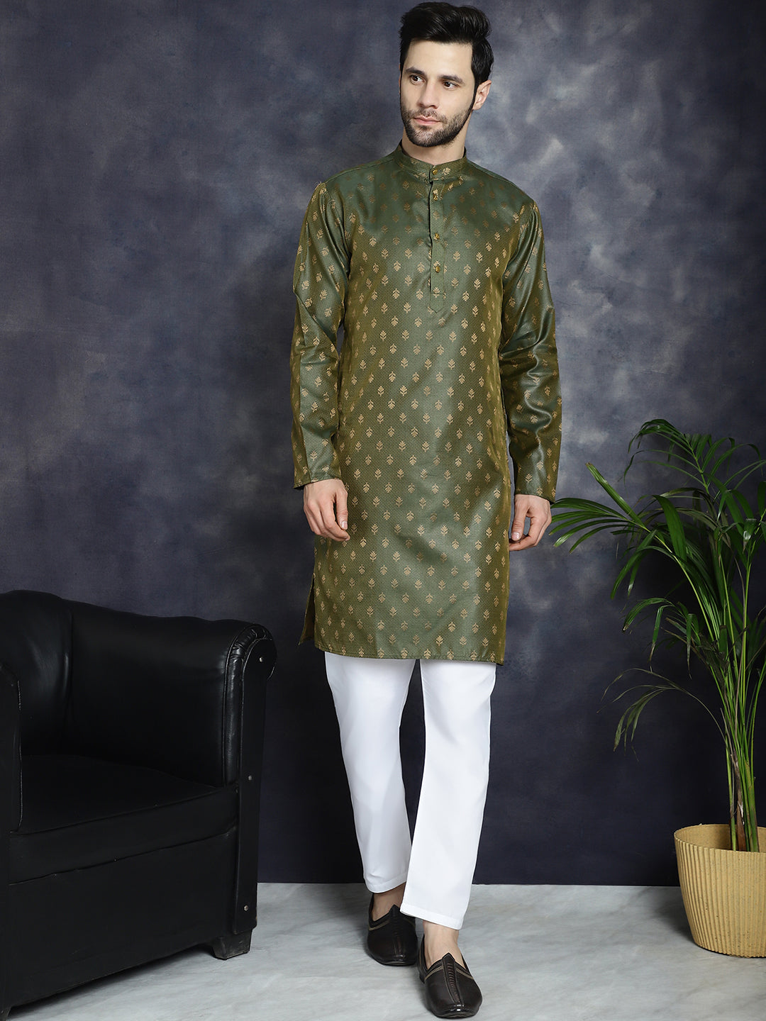Jompers Men's Woven Design Silk Blend Kurta - Olive - Distacart
