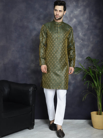Jompers Men's Woven Design Silk Blend Kurta - Olive - Distacart