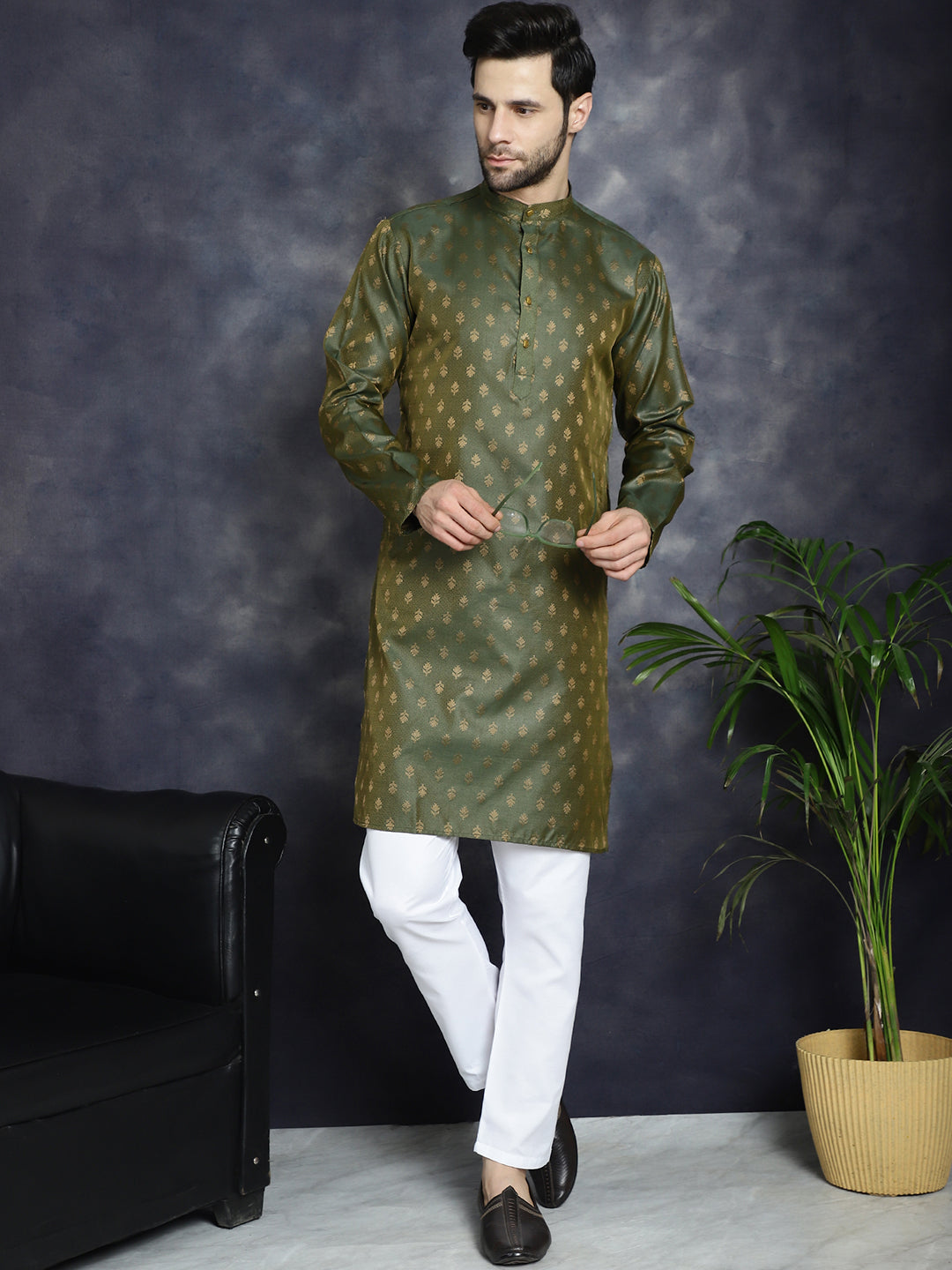 Jompers Men's Woven Design Silk Blend Kurta - Olive - Distacart