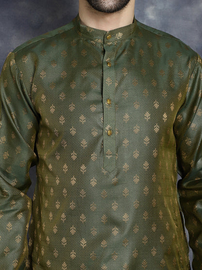 Jompers Men's Woven Design Silk Blend Kurta - Olive - Distacart