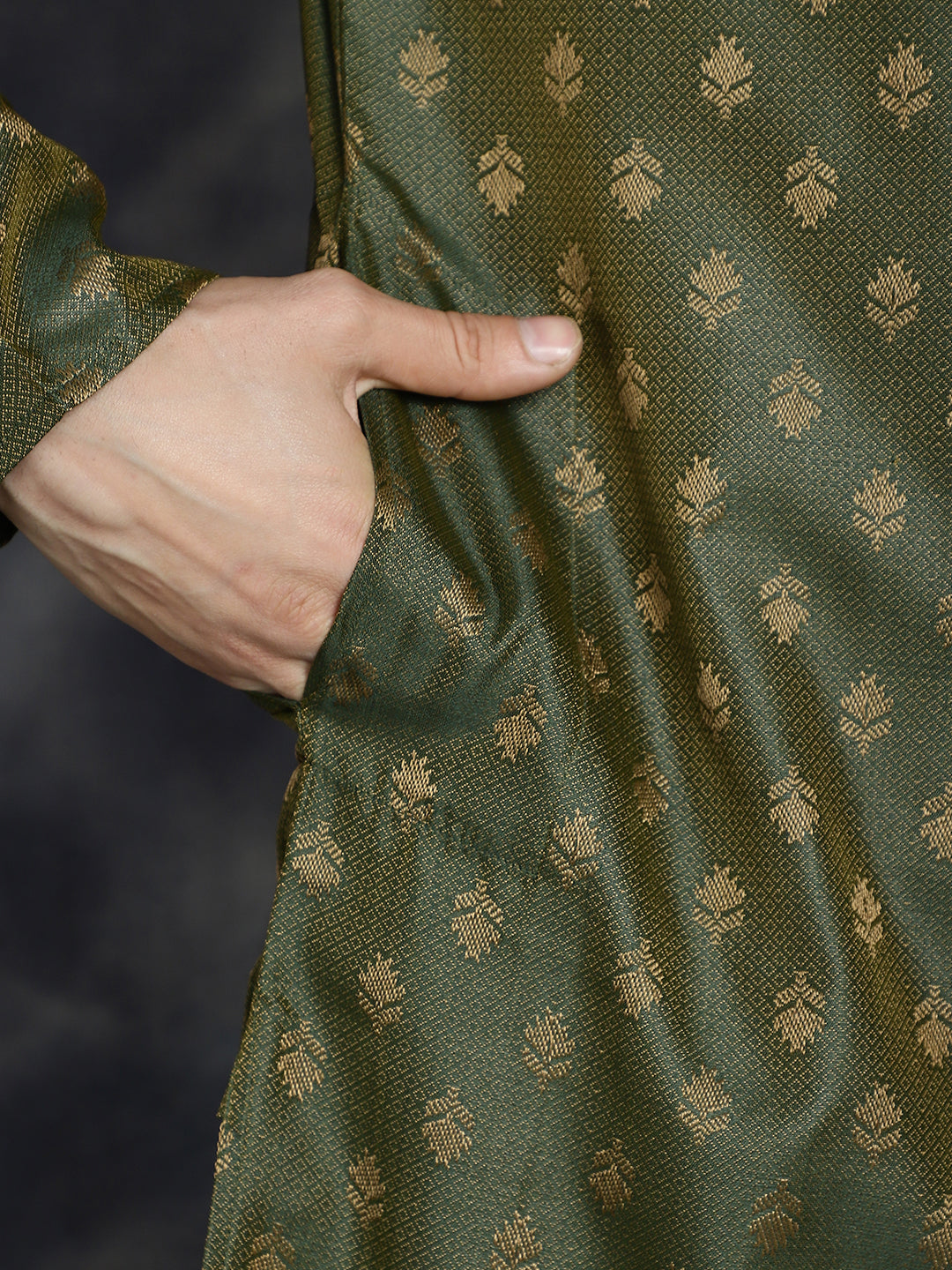 Jompers Men's Woven Design Silk Blend Kurta - Olive - Distacart