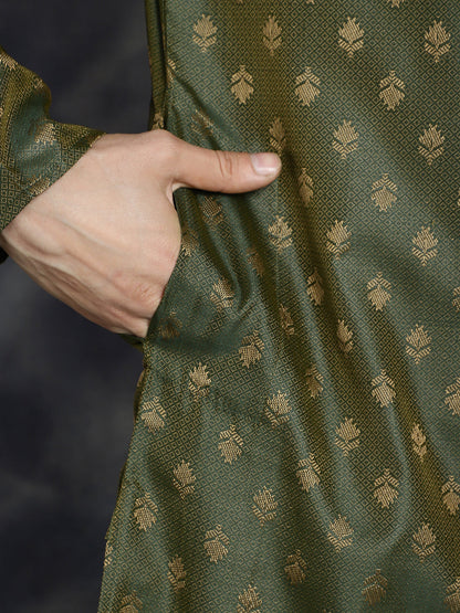 Jompers Men's Woven Design Silk Blend Kurta - Olive - Distacart