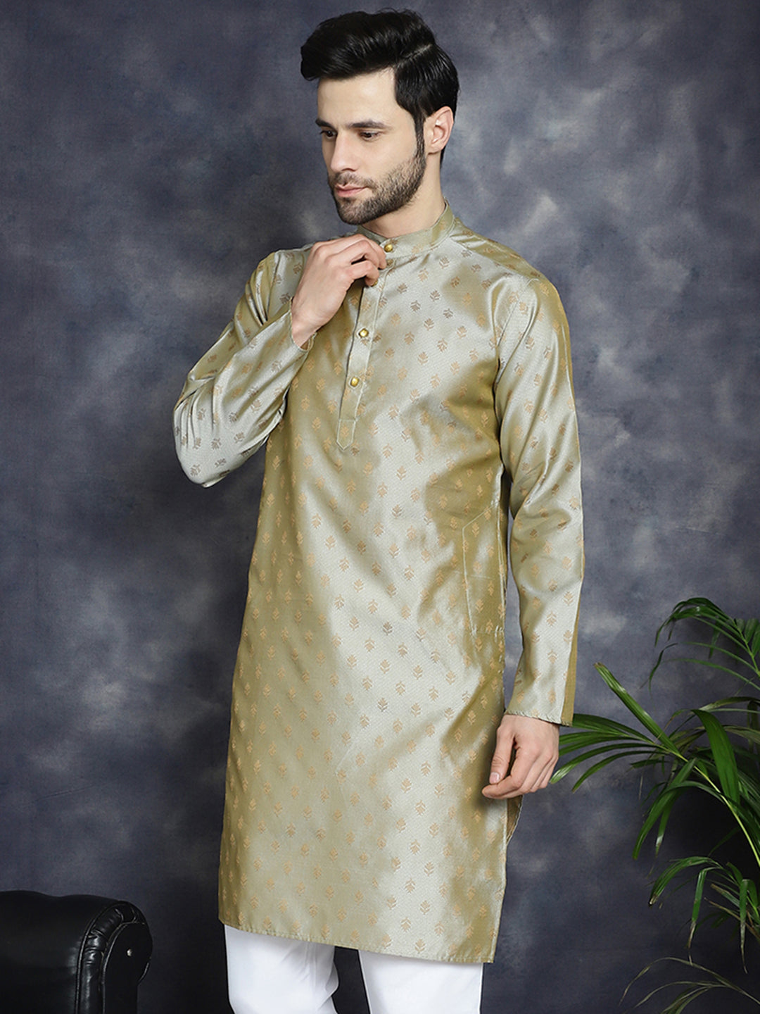 Jompers Men's Woven Design Silk Blend Kurta - Pista - Distacart