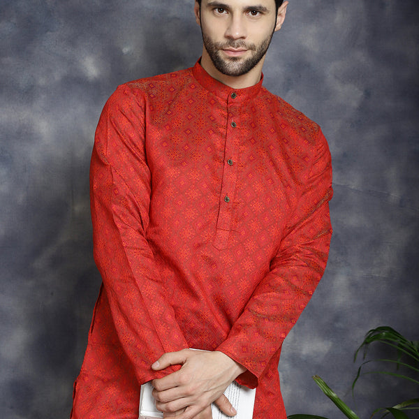 Jompers Men's Red Woven Design Kurta - Red - Distacart