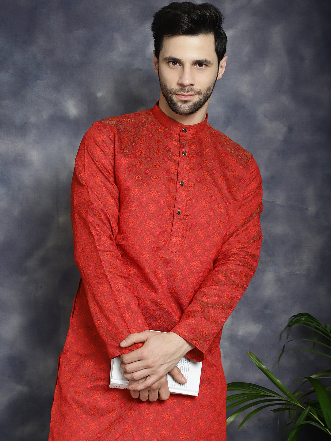 Jompers Men's Red Woven Design Kurta - Red - Distacart