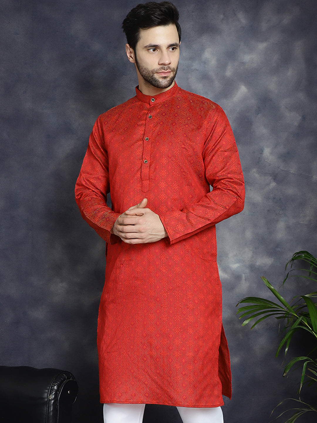Jompers Men's Red Woven Design Kurta - Red - Distacart