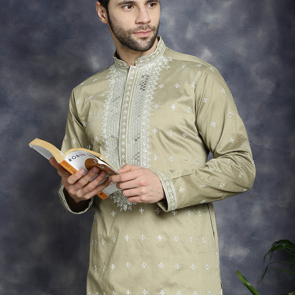 Jompers Men's Sequins Embroidered Kurta - Beige - Distacart