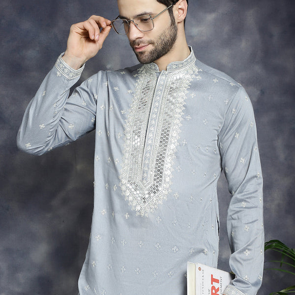Jompers Men's Sequins Embroidered Kurta - Grey - Distacart