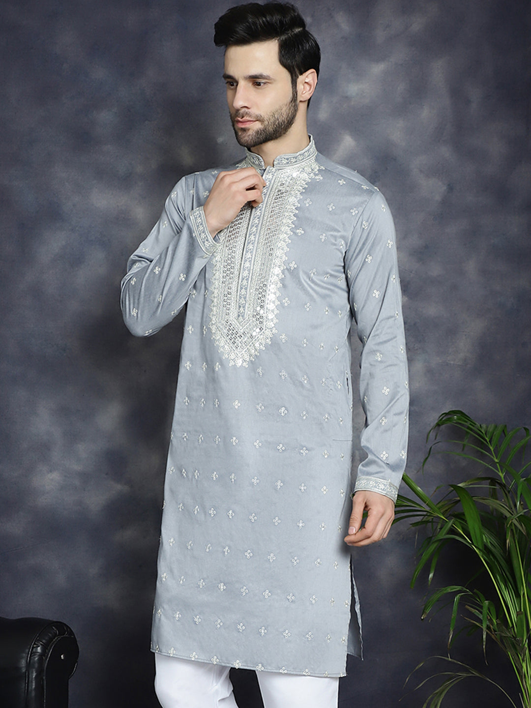 Jompers Men's Sequins Embroidered Kurta - Grey - Distacart