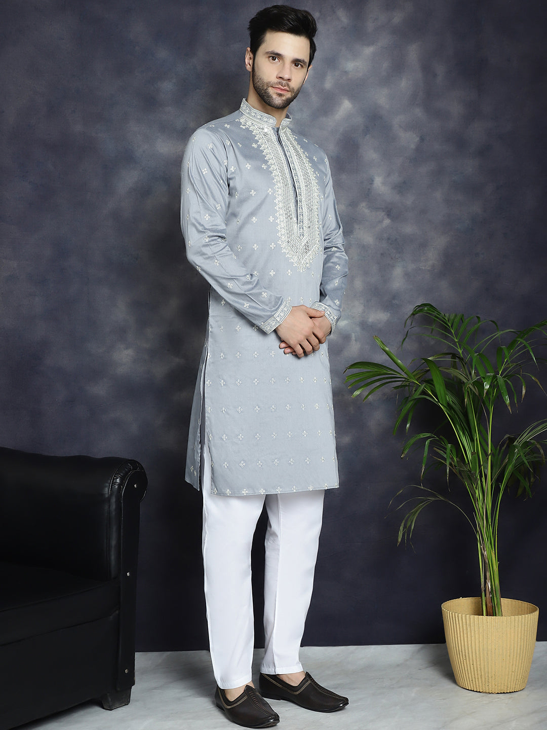 Jompers Men's Sequins Embroidered Kurta - Grey - Distacart