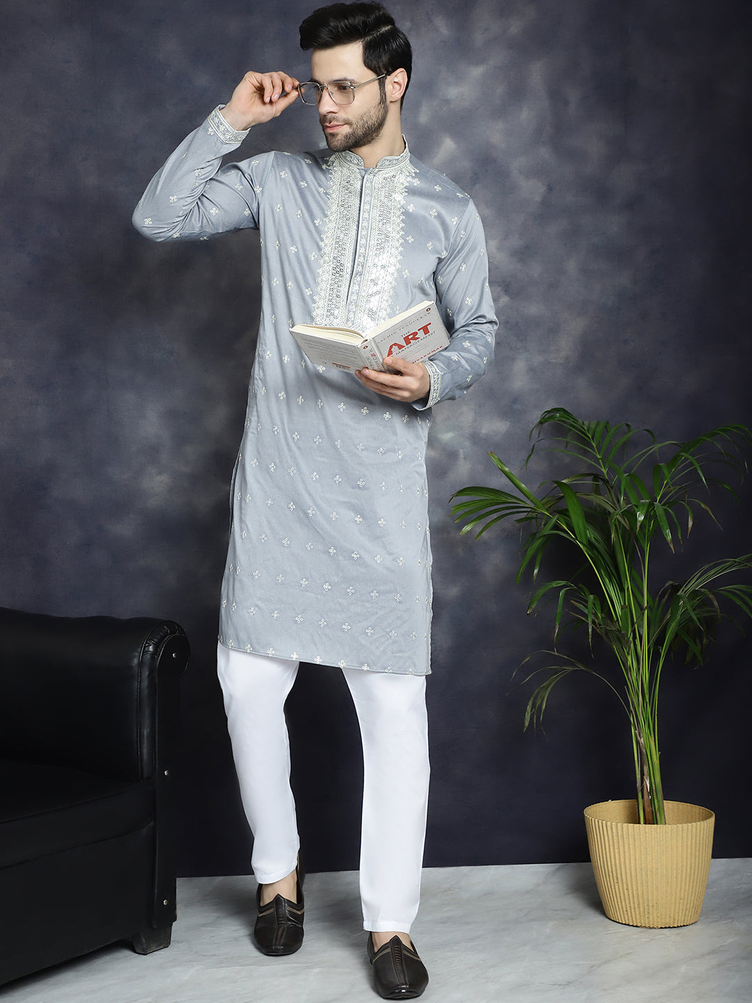 Jompers Men's Sequins Embroidered Kurta - Grey - Distacart