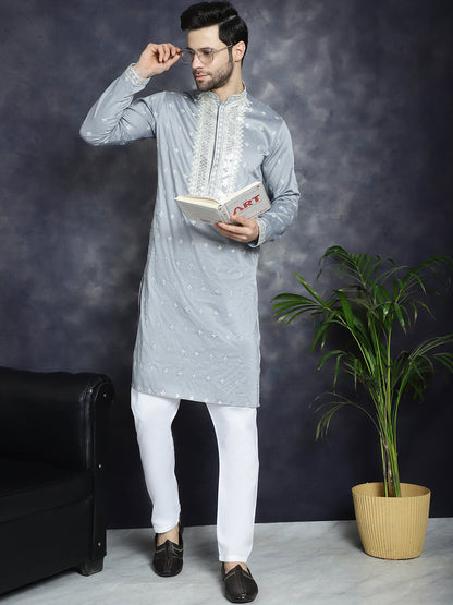 Jompers Men's Sequins Embroidered Kurta - Grey - Distacart