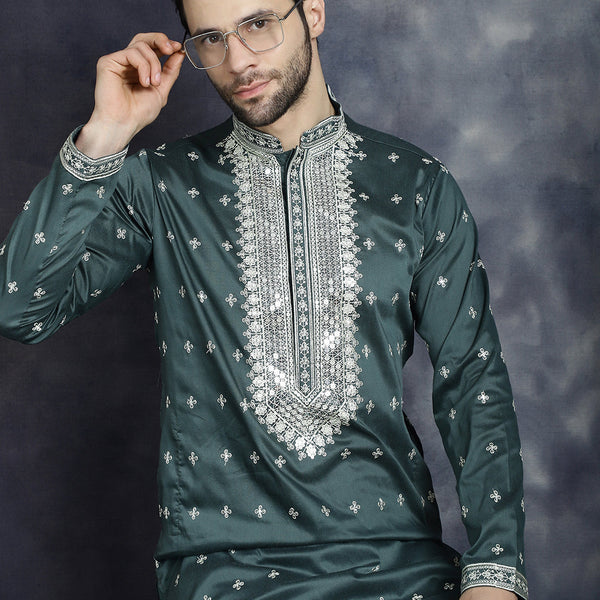 Jompers Men's Sequins Embroidered Kurta - Olive - Distacart