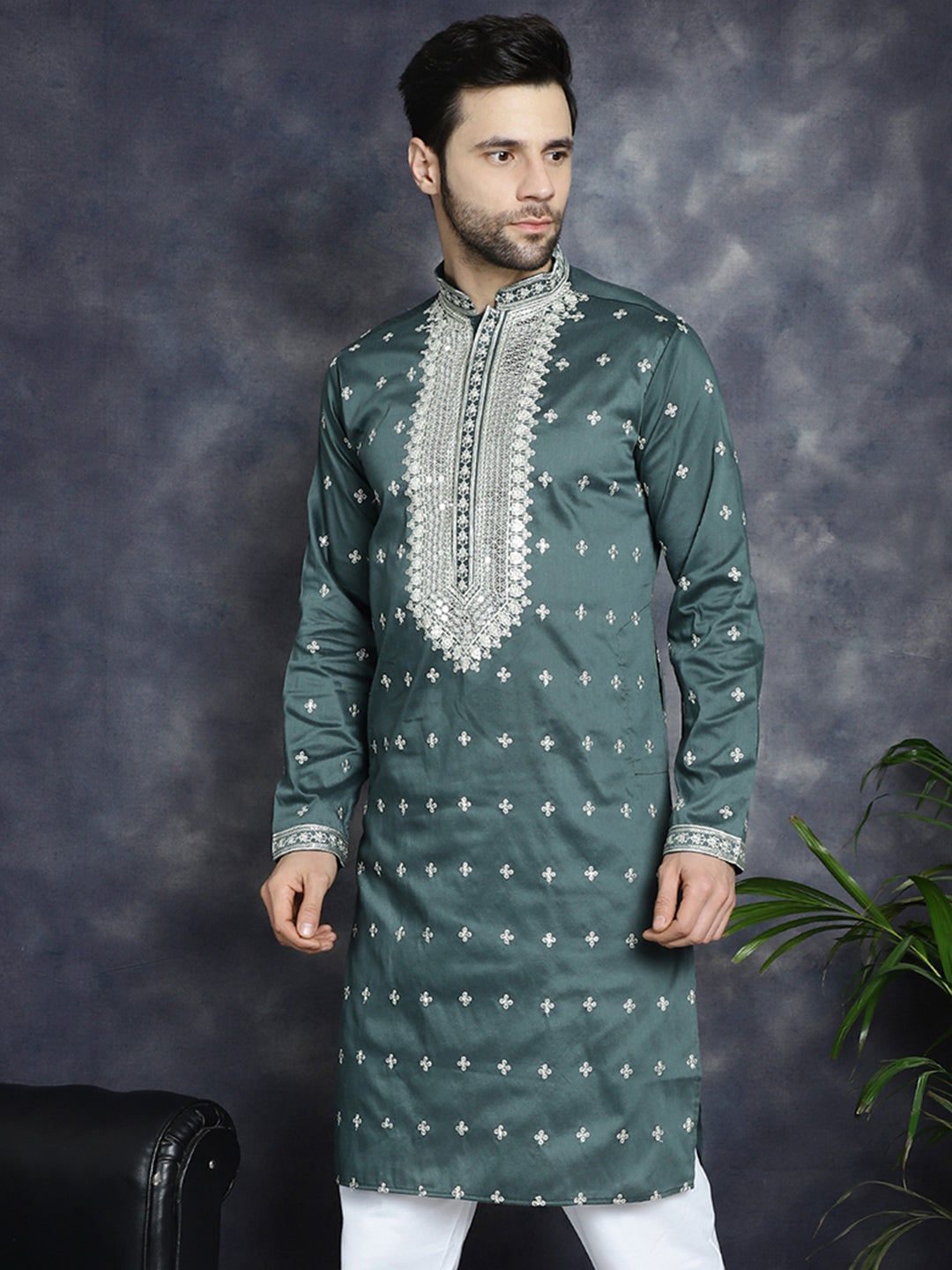 Jompers Men's Sequins Embroidered Kurta - Olive - Distacart