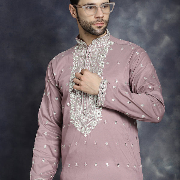 Jompers Men's Chikankari Embroidered Kurta - Magenta - Distacart
