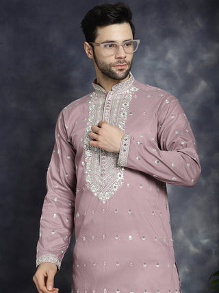Jompers Men's Chikankari Embroidered Kurta - Magenta - Distacart
