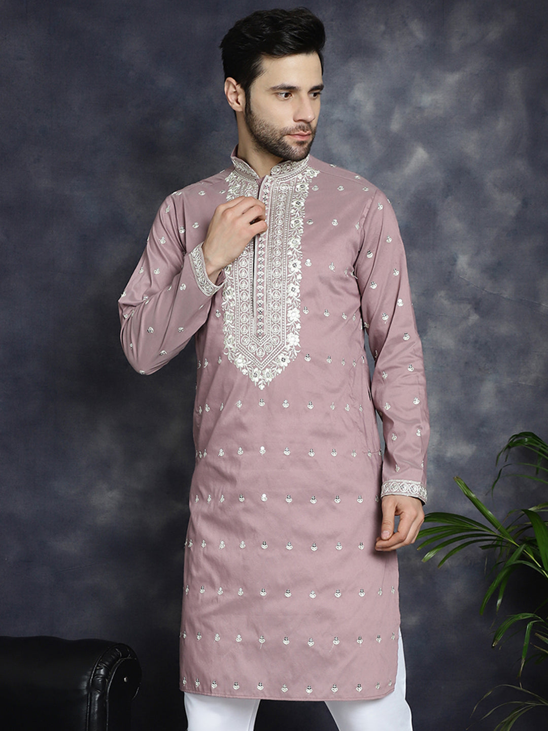 Jompers Men's Chikankari Embroidered Kurta - Magenta - Distacart