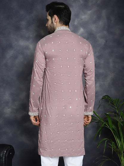Jompers Men's Chikankari Embroidered Kurta - Magenta - Distacart