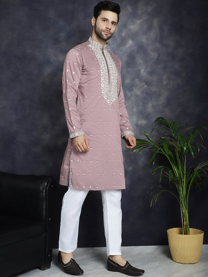 Jompers Men's Chikankari Embroidered Kurta - Magenta - Distacart