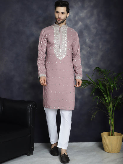 Jompers Men's Chikankari Embroidered Kurta - Magenta - Distacart