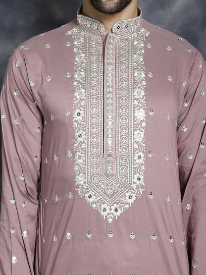 Jompers Men's Chikankari Embroidered Kurta - Magenta - Distacart