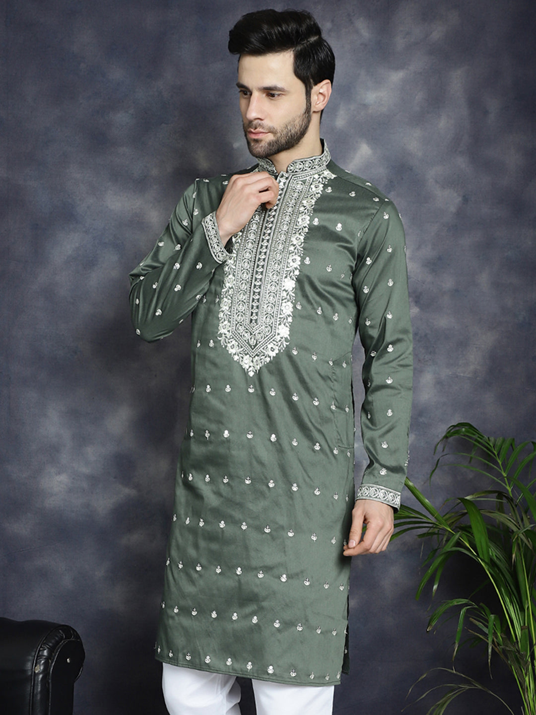 Jompers Men's Chikankari Embroidered Kurta - Olive - Distacart