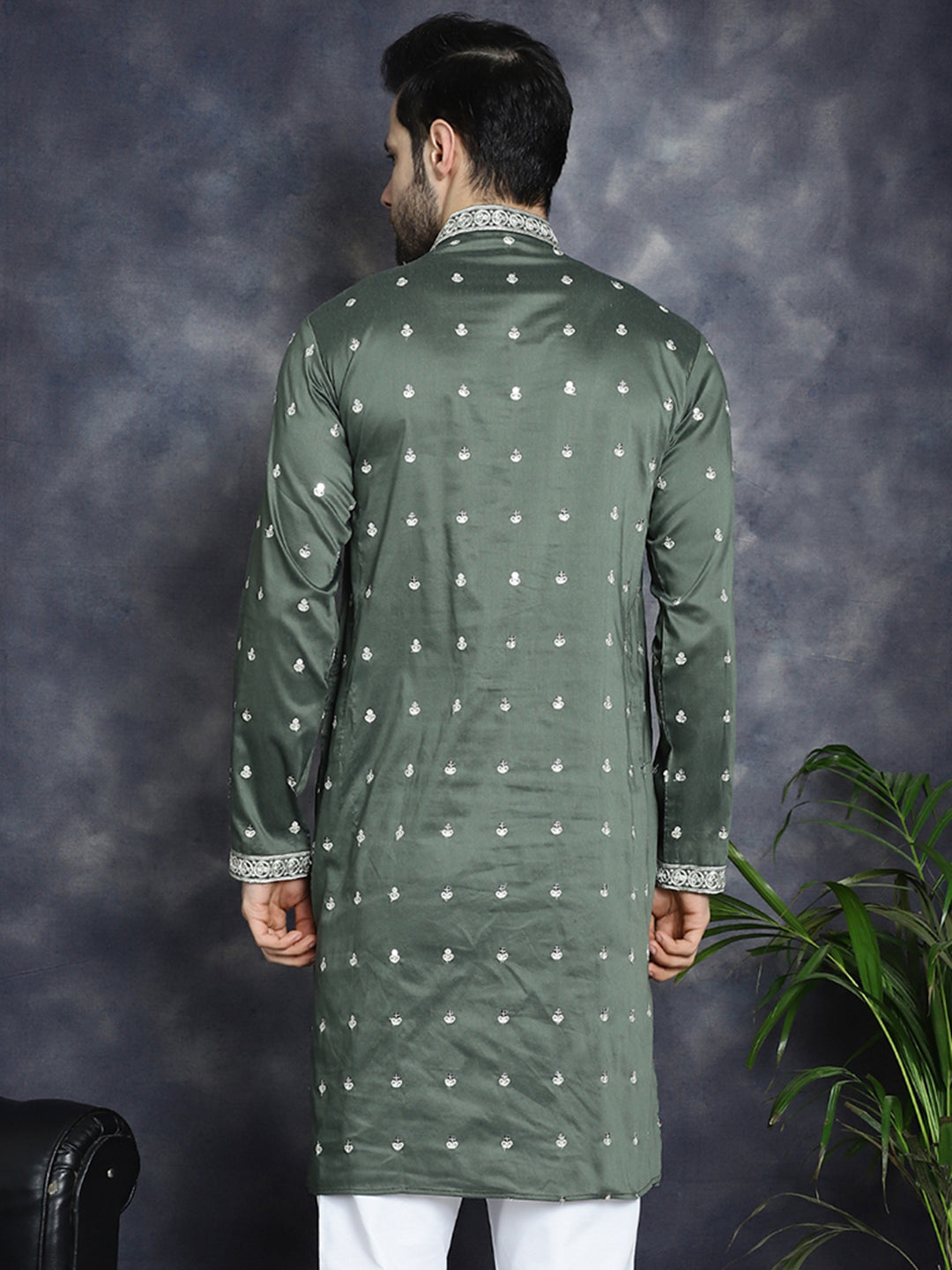 Jompers Men's Chikankari Embroidered Kurta - Olive - Distacart