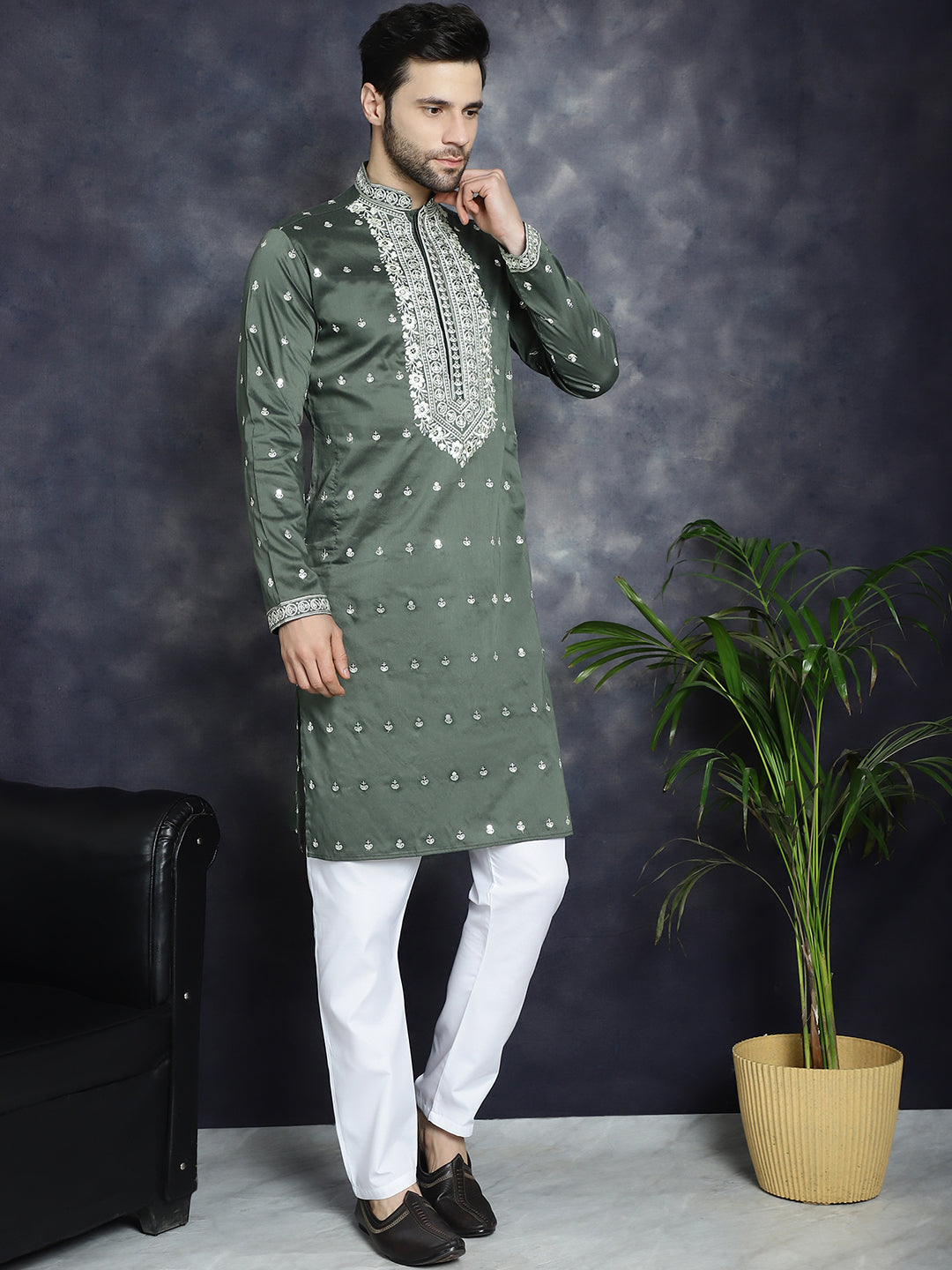 Jompers Men's Chikankari Embroidered Kurta - Olive - Distacart
