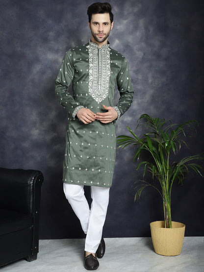 Jompers Men's Chikankari Embroidered Kurta - Olive - Distacart